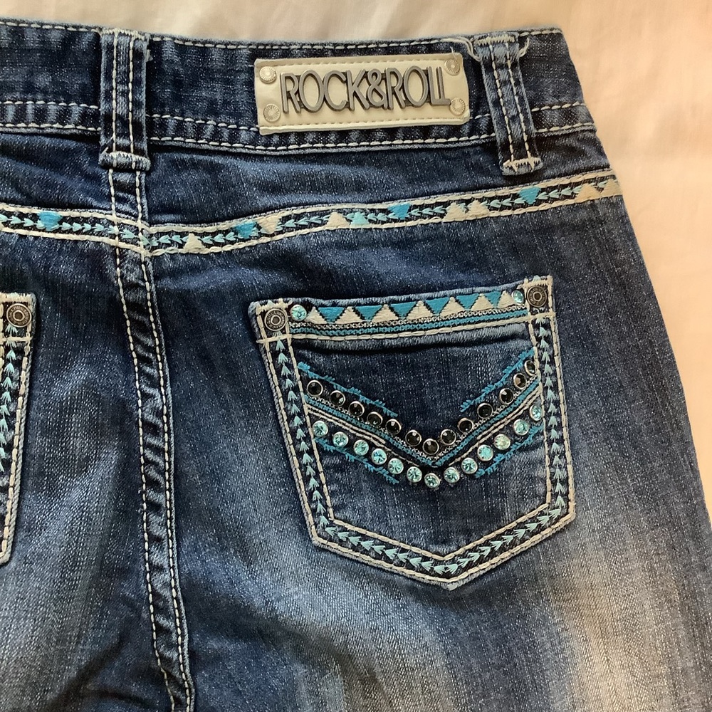 Rock & Roll Cowgirl Blue Denim Jeans with Turquoise Embellishment